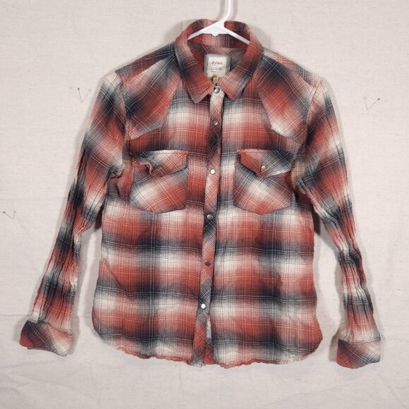 Dylan True Grit Snap Shirt Womens Medium Long Sleeve Plaid Pockets FLAWS - Picture 8 of 9